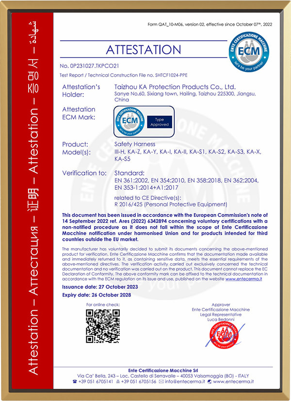 Certyfikat na uprząż bezpieczeństwa